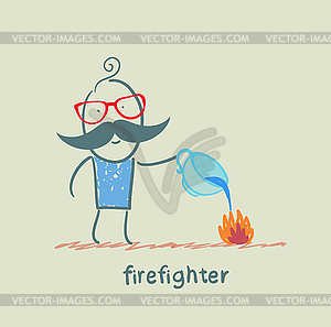 Firefighter puts out fire with water of cup - vector clipart