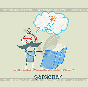 Gardener reading about colors - vector clipart