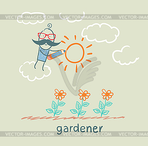 Gardener draws sun flower - vector clipart