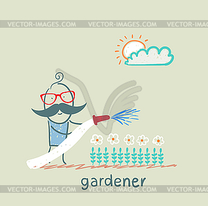 Gardener waters flowers - vector image