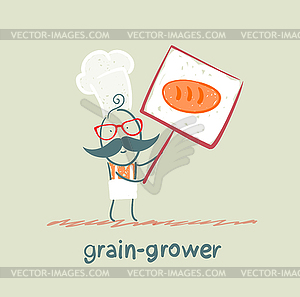 Grain grower holds poster with bread - vector clip art