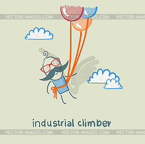 Industrial climber flies on balloons - vector clipart