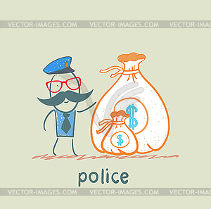 Police stands with bag of money - vector clip art