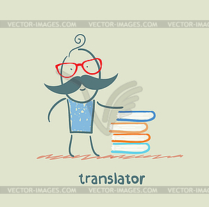 Translator standing next to stack of books - vector clip art