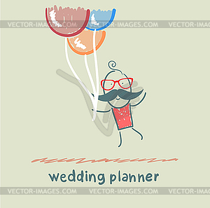 Wedding planner flying with balloons - stock vector clipart