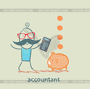 Accountant with calculator counting money falling - vector image