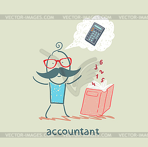 Accountant with book about thinking about numbers - vector EPS clipart