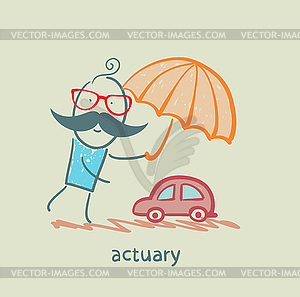 Actuary holding an umbrella over machine - vector image