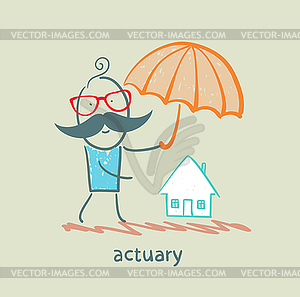 Actuary holding an umbrella over house - vector image