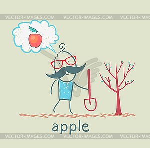 Man plants tree and thinks about apple - vector clipart