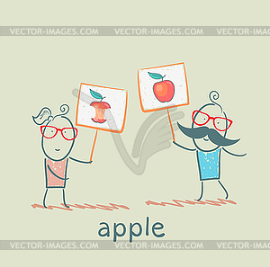 Girl and boy holding posters with apples - vector clipart
