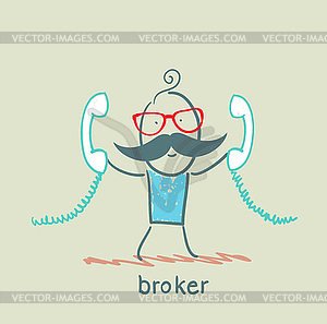 Broker with two handsets - vector clip art