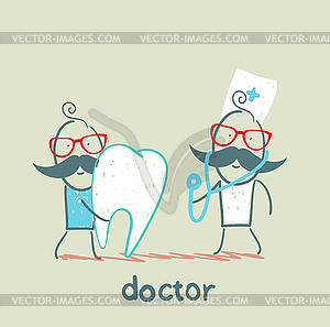Physician and patient with sore tooth - vector clipart