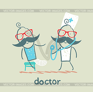 Doctor with sick, broken leg - color vector clipart