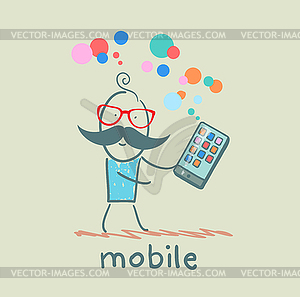 Man holds best mobile - vector clip art