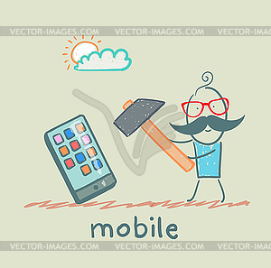 Man hammers on mobile - vector clip art