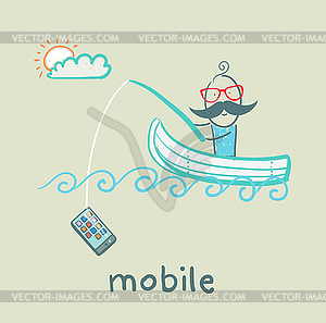 Man swimming in boat and fishing rod catches phone - vector clipart