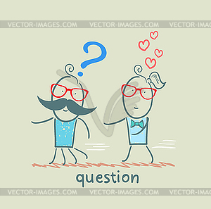 Man with question mark running away of girl in love - vector clipart