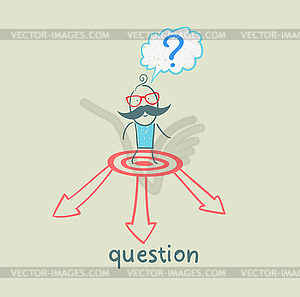 Man with question mark faces choice of arrows - vector image