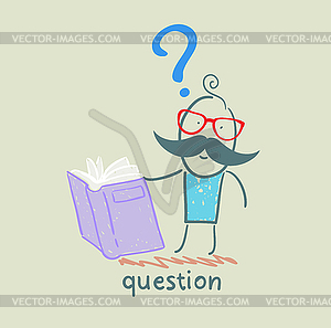 Man with question mark reads book - vector clip art