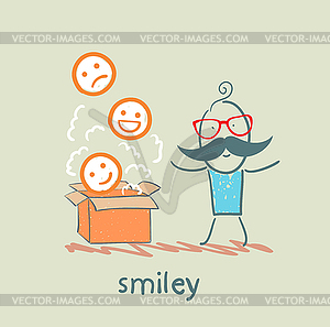 Man opened box with smiles - vector clip art