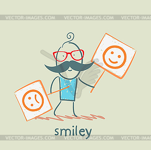 People holding posters with funny and sad smiles - vector image