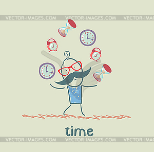 Man juggles clocks - color vector clipart