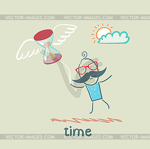 Man flying with an hourglass - vector clip art