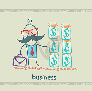 Businessman holding dollars in bank - vector clip art