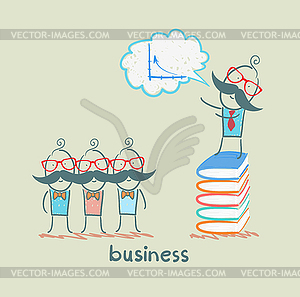 Businessman standing on pile of books and talks to - vector image