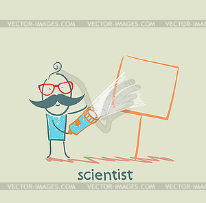 Scientist shines flashlight on poster - vector clip art