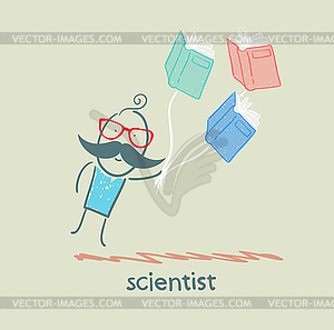 Scientist flies with books - vector clipart