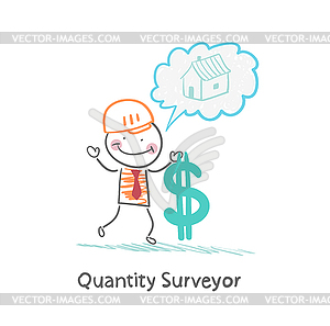 Quantity Surveyor holds dollar and thinking about - vector clipart