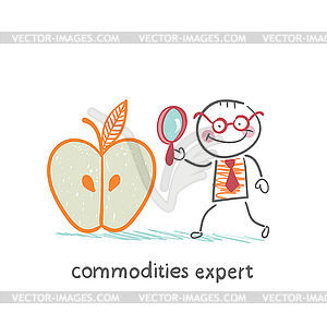 Commodities expert stands near Big Apple and is - vector clipart