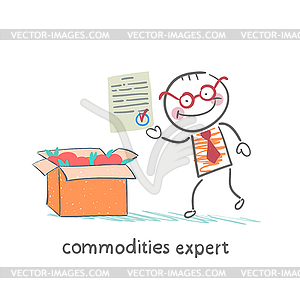 Commodities expert stands next to box of apples - vector clipart / vector image