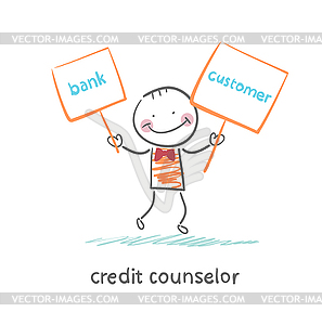 Credit counselor holding plate with bank and client - color vector clipart