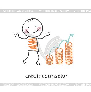Credit counselor next to graph of coins - vector clip art