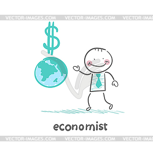 Economist is close to planet and dollar sign - vector clip art