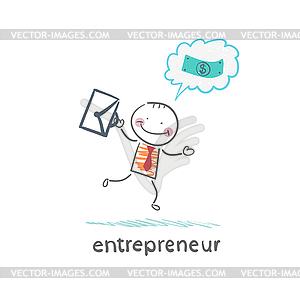 Entrepreneur running with briefcase and thinks abou - vector clipart