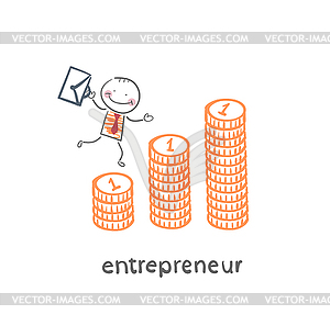 Entrepreneur climbing up schedule of coins - vector clip art