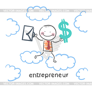 Entrepreneur goes through sky with briefcase and - vector image