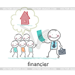 Financier gives money to people to build house - vector image