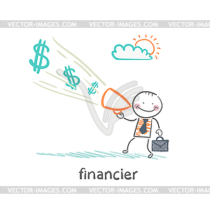 Financier yells into megaphone about money - vector clip art