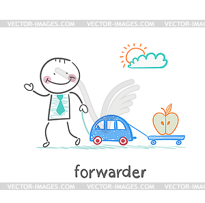 Forwarder drives car with trailer which is an apple - vector clip art