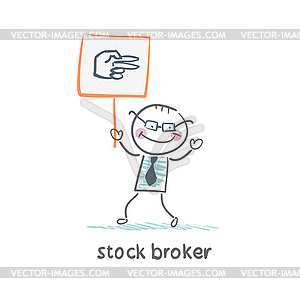 Stock broker holding sign with his hand - vector clipart