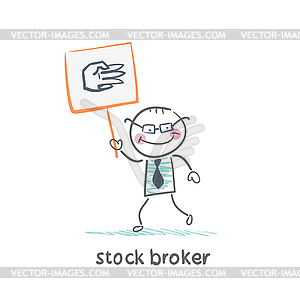 Stock broker holding sign with his hand - vector clip art