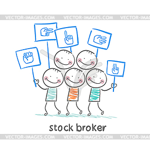 Stock broker holding sign with his hand - vector image