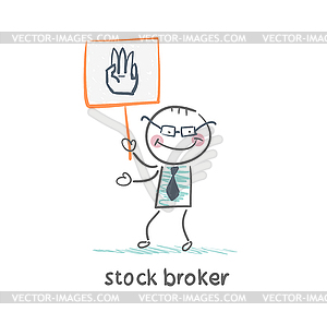Stock broker holding sign with his hand - vector image