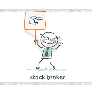 Stock broker holding sign with his hand - vector clip art