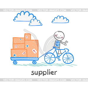 Supplier supplier rides bike with cart of goods - vector image